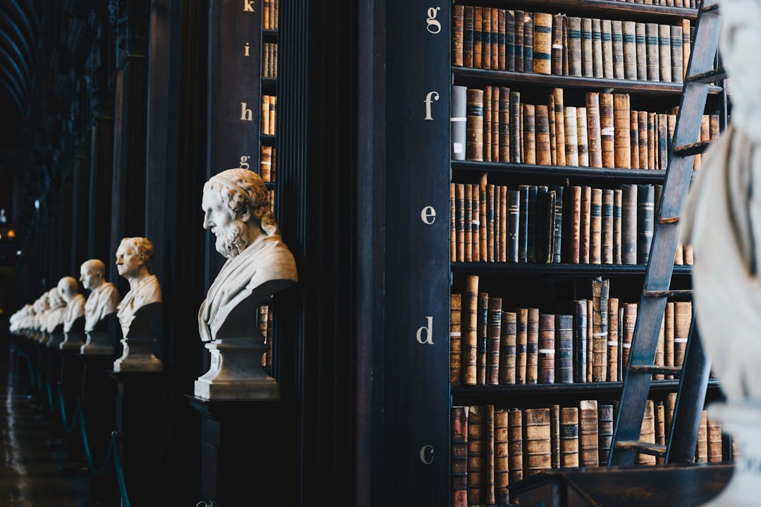 a library with busts of philosophers and great thinkers
