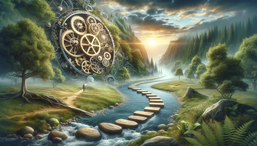 A conceptual landscape featuring a large clock mechanism integrated into a natural setting with a river and stepping stones, symbolizing goal setting and the passage of time in the pursuit of New Year's resolutions.