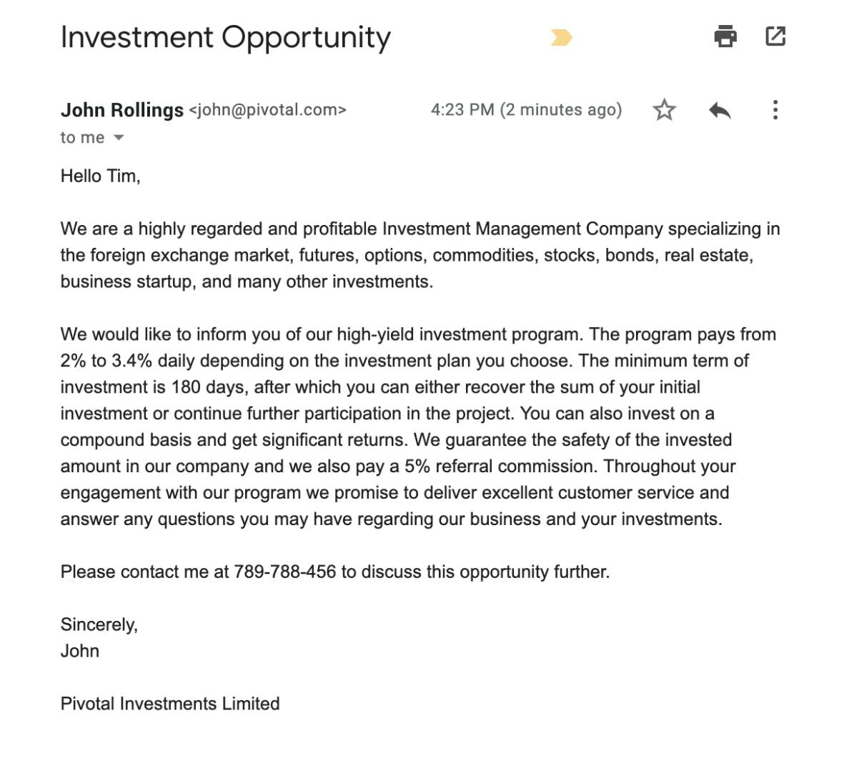 fraudulent investment opportunity email