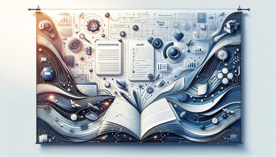 Digital banner depicting the integration of AI and personalized design, featuring abstract elements like diary pages, circuits, and digital patterns in a modern, sophisticated style.