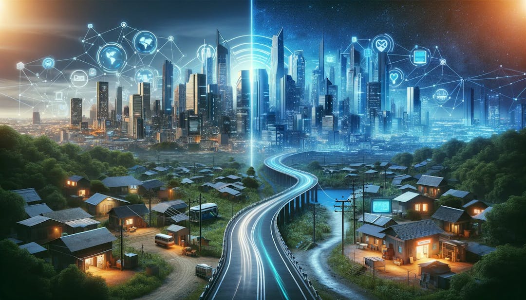 A digital landscape showing a futuristic city with advanced healthcare technology on the left and a rural town with limited digital access on the right, connected by a bridge symbolizing efforts to bridge the digital divide.