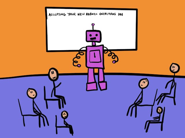 A robot standing in the middle of a classroom with students where the board has a note saying "ACCEPTING YOUR NEW ROBOTIC OVERLORDS 101"