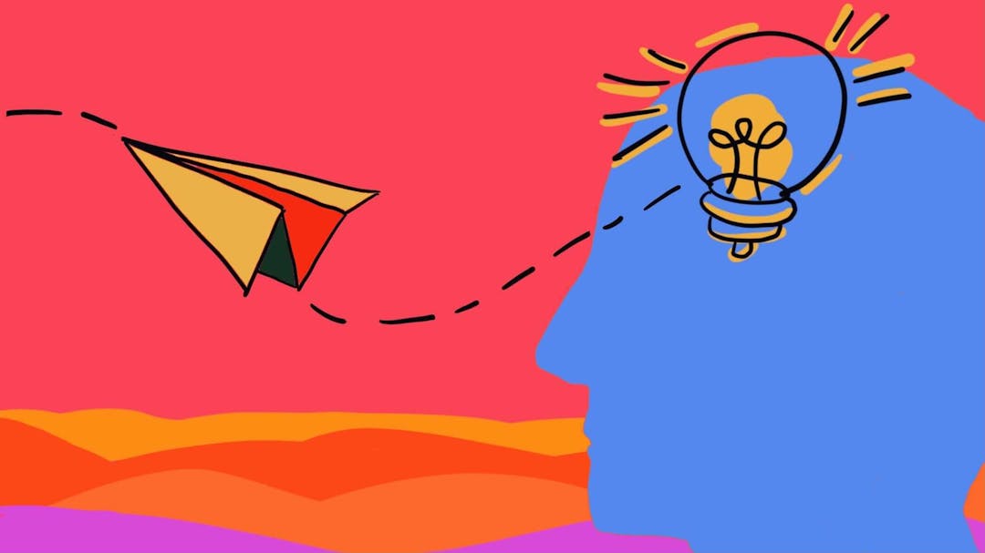 artwork of a man with a light bulb on his head and a paper plane