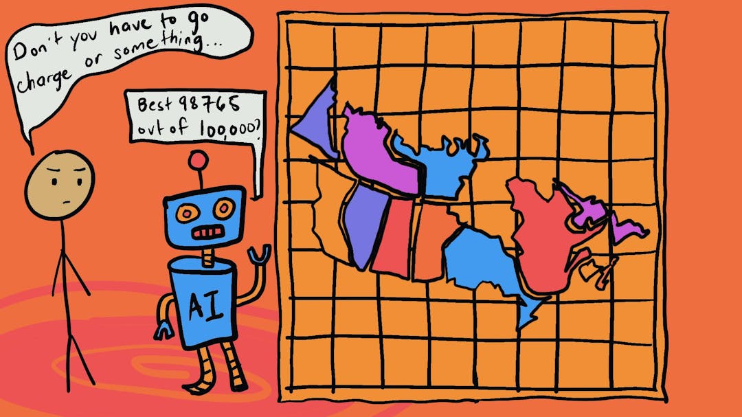 stick man and a robot looking at a map