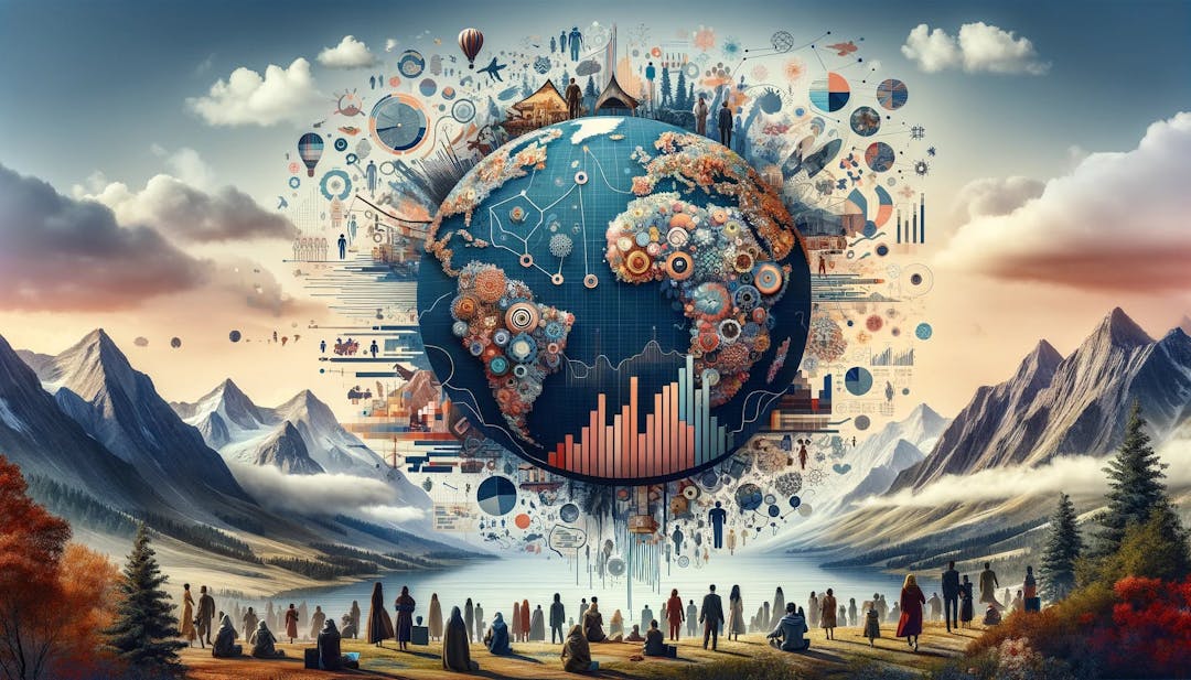 earth with data and behavioral science concepts surrounded by people of different cultures