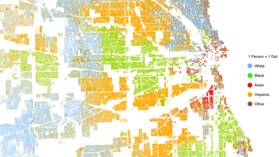A color-coded dot map of Chicago illustrating racial residential segregation according to the 2010 census. Different colors represent various racial groups and their residential concentrations across the city. The colors cluster in distinct areas, showing segregation patterns across neighborhoods.