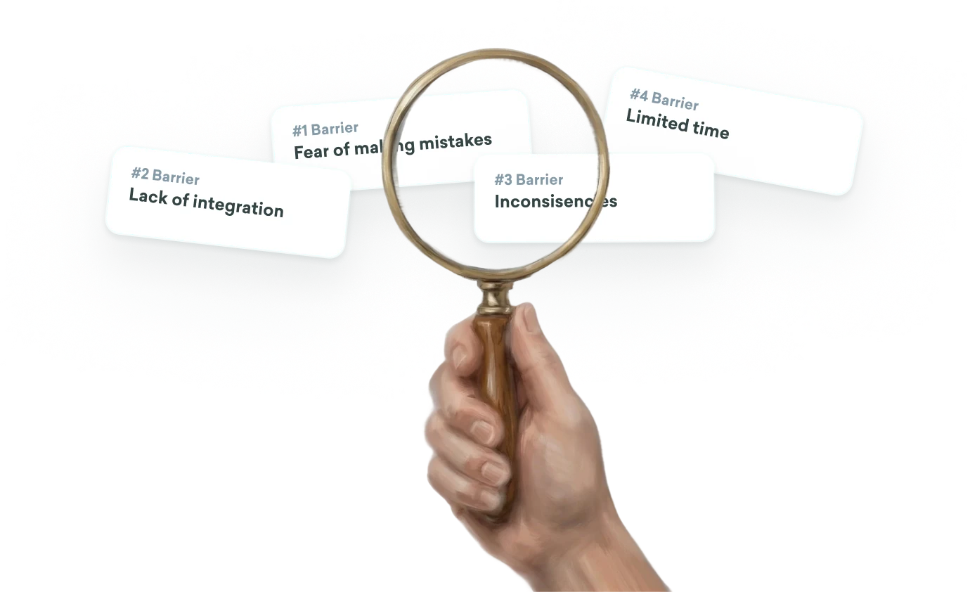 Magnifying glass revealing AI adoption barriers: fear of making mistakes, lack of integration, inconsistencies, and limited time